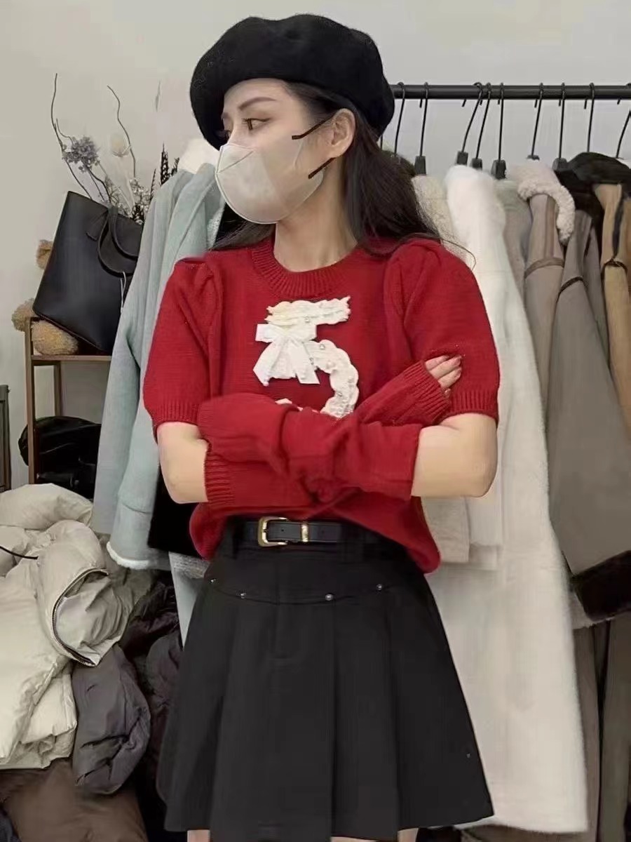純欲短款分袖套泡泡袖毛衣女秋冬2023新款設計感小個子針織衫上衣