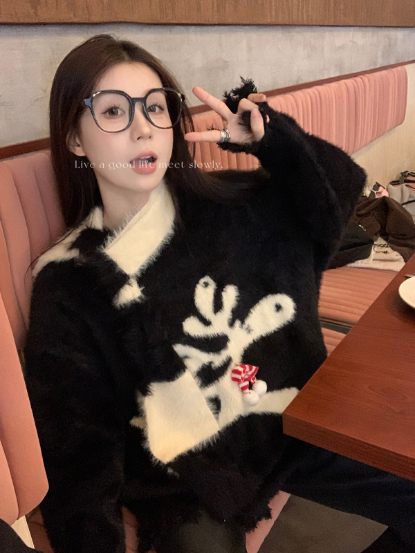 氛圍感聖誕麋鹿仿貂絨毛衣女冬季設計感毛邊軟糯針織上衣