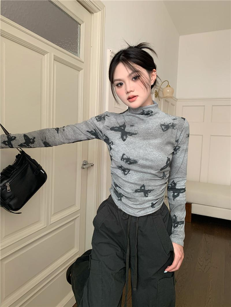 美式復古辣妹風蝴蝶印花半高領長袖T恤女計感褶皺短款上衣