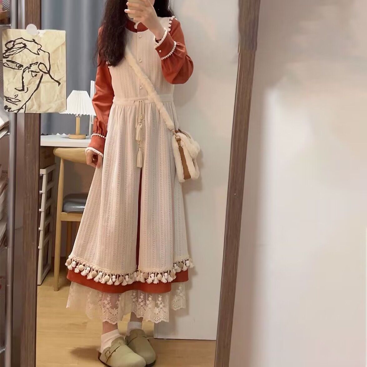 Christmas atmosphere outfit, retro red cheongsam dress, inner skirt, white vest dress, two-piece set for women