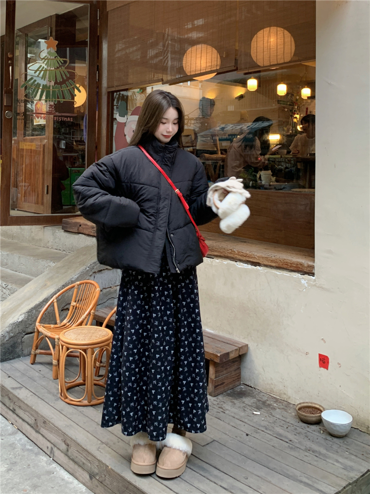 實拍加厚立領百搭抽繩寬鬆保暖棉服韓系燈芯絨碎花加絨半身裙