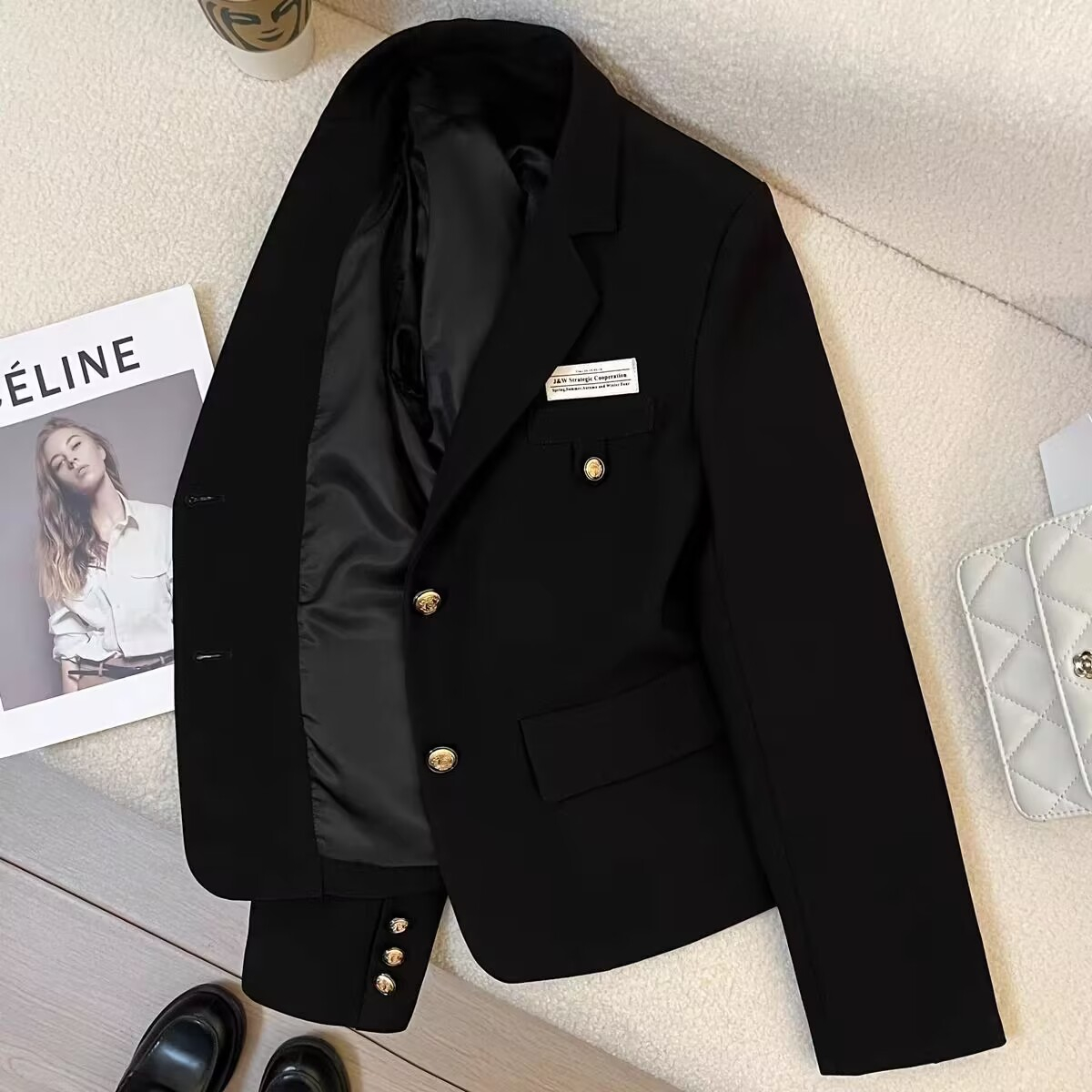 Black short blazer for small women 2023 autumn new design college style casual street suit