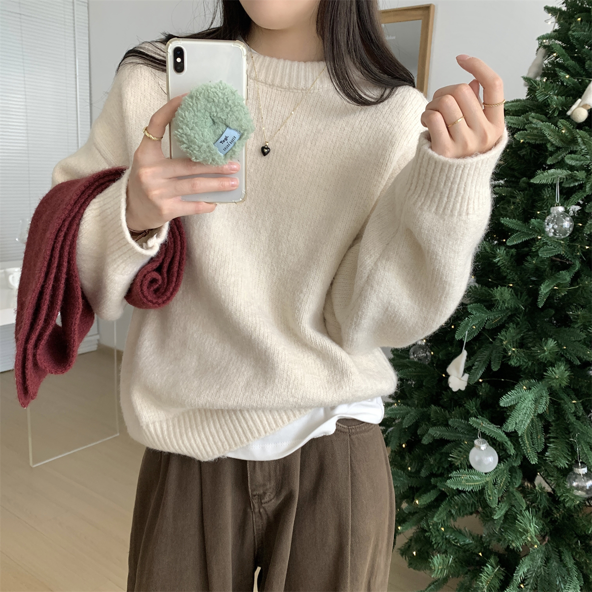 實拍 秋冬韓版寬鬆圓領純色慵懶北極絨內搭套頭針織毛衣女
