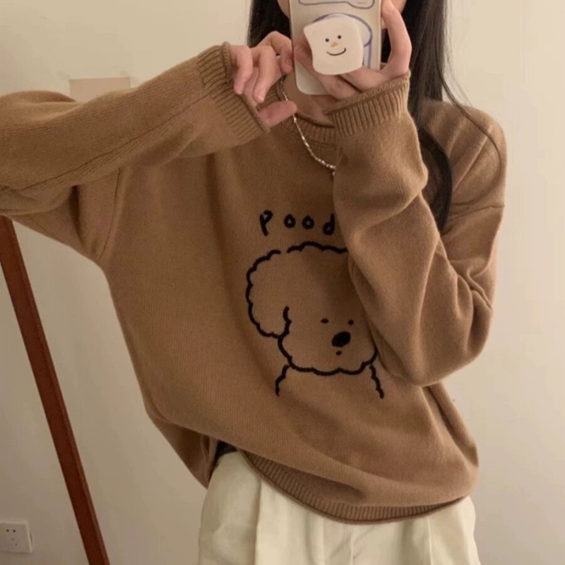 Korean 2023 autumn and winter age-reducing cartoon puppy pattern wool sweater slimming round neck sweater for women