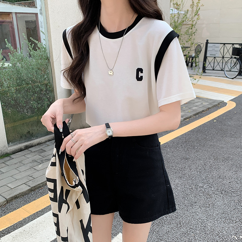 實拍 冰絲針織衫T恤女短袖夏季百搭上衣正肩小眾設計感2023年新款
