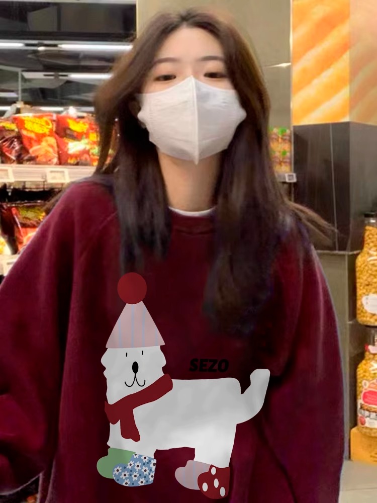 CVC棉麵食毛華棉複合/牛奶絲300克銀狐絨400克前 印花圓領衛衣女