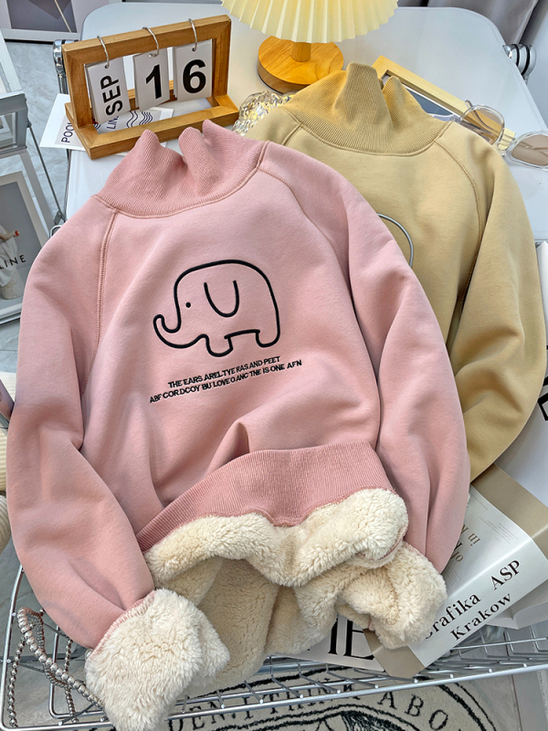套頭衛衣女秋冬裝新款韓版寬鬆加絨超厚半高領羊羔絨保暖長袖上衣