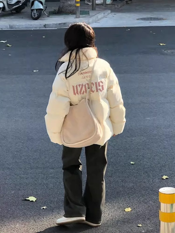 高品質手塞棉加厚冬季新款棉服寬鬆印花棉衣麵包服女