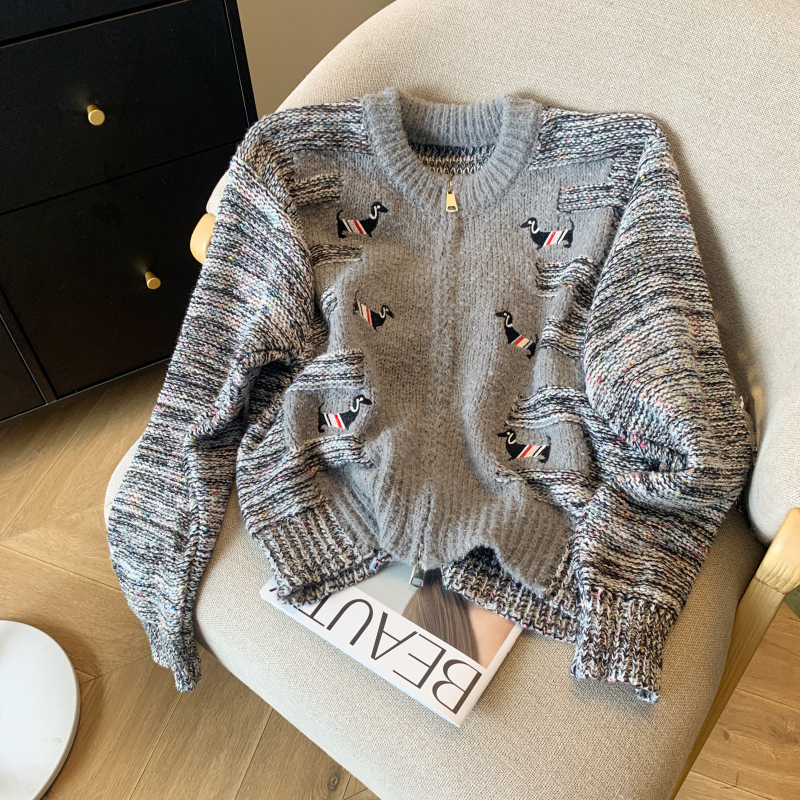 2024春季新款TB拉鏈小狗刺繡針織衫學院風減齡開衫女裝毛衣外套