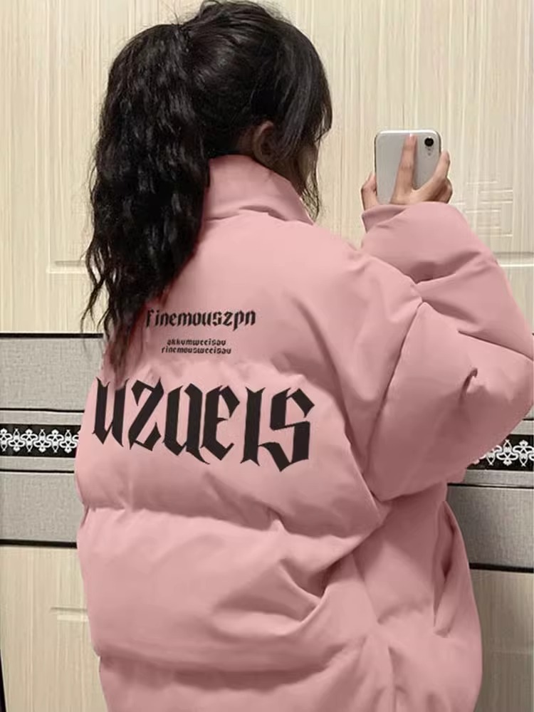 高品質手塞棉加厚冬季新款棉服寬鬆印花棉衣麵包服女