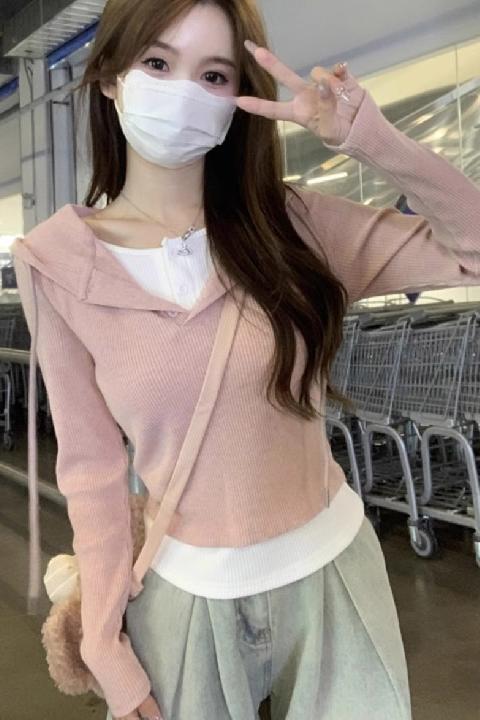 假兩件連帽長袖t恤女2023秋冬新款洋氣修身打底小衫內搭加厚上衣