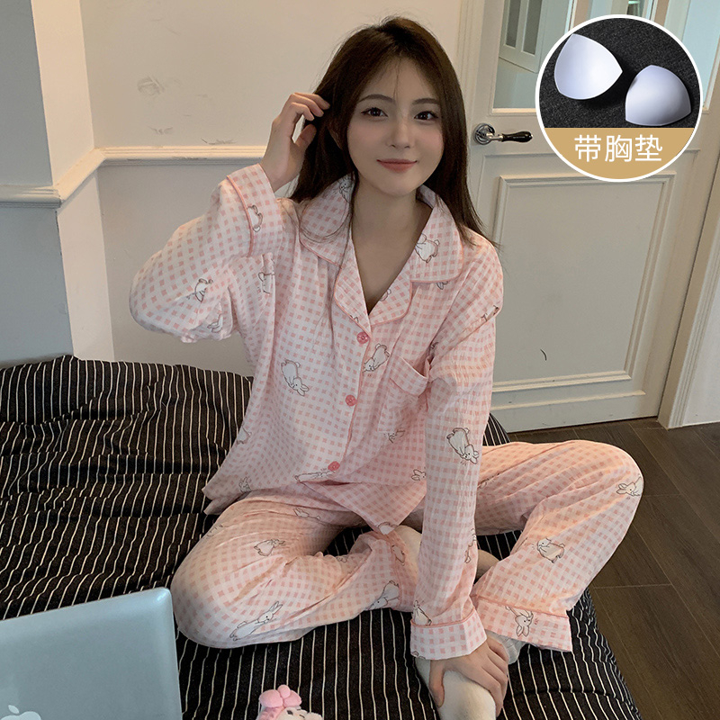 2024春秋韓版睡衣女新款開天絲爽棉衫翻領帶胸墊可外出家居服套裝