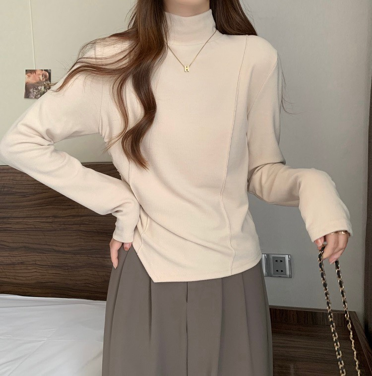 首發原版天貓質量設計感拼接顯瘦正肩半高領打底衫女