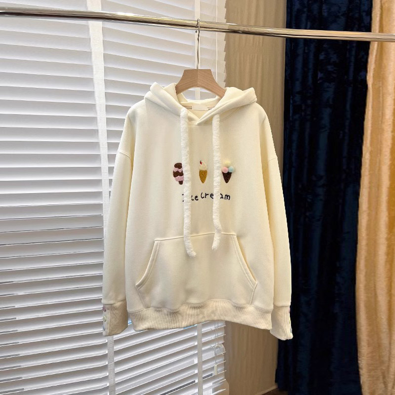 原版做工立體刺繡冰淇淋連帽衛衣女秋冬加絨外穿寬鬆保暖上衣潮