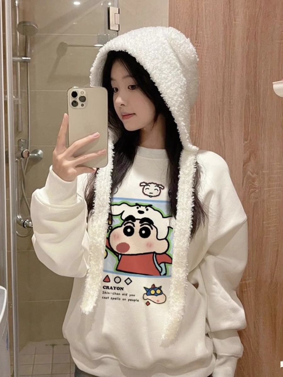 國潮復古卡通蠟筆小新圓領衛衣女秋冬加絨寬鬆百搭情侶無帽上衣潮