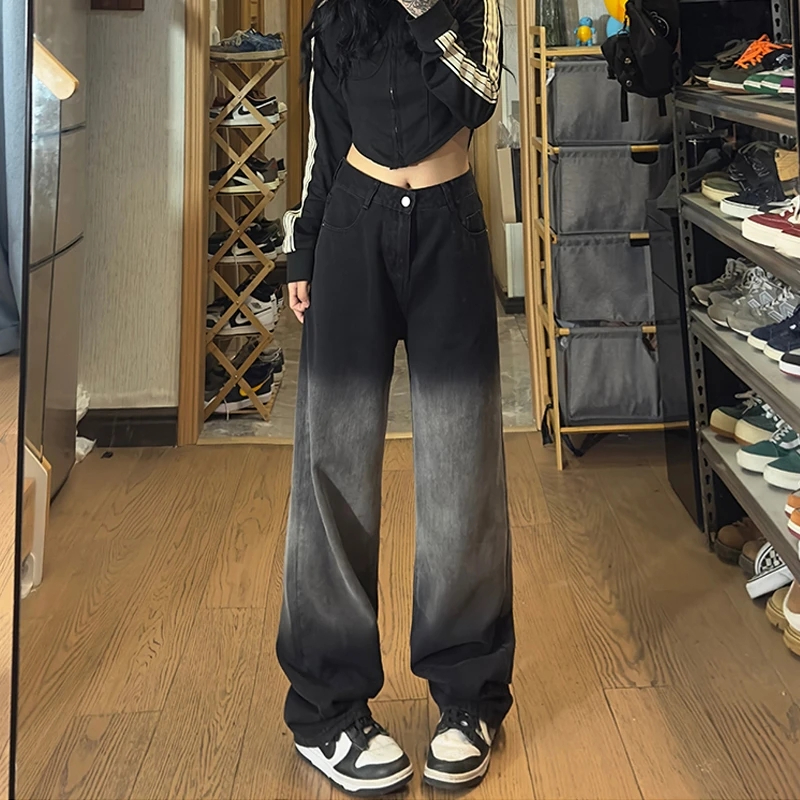 高街顯瘦漸變直筒長褲子春秋季寬鬆高腰闊腿墜感牛仔褲女