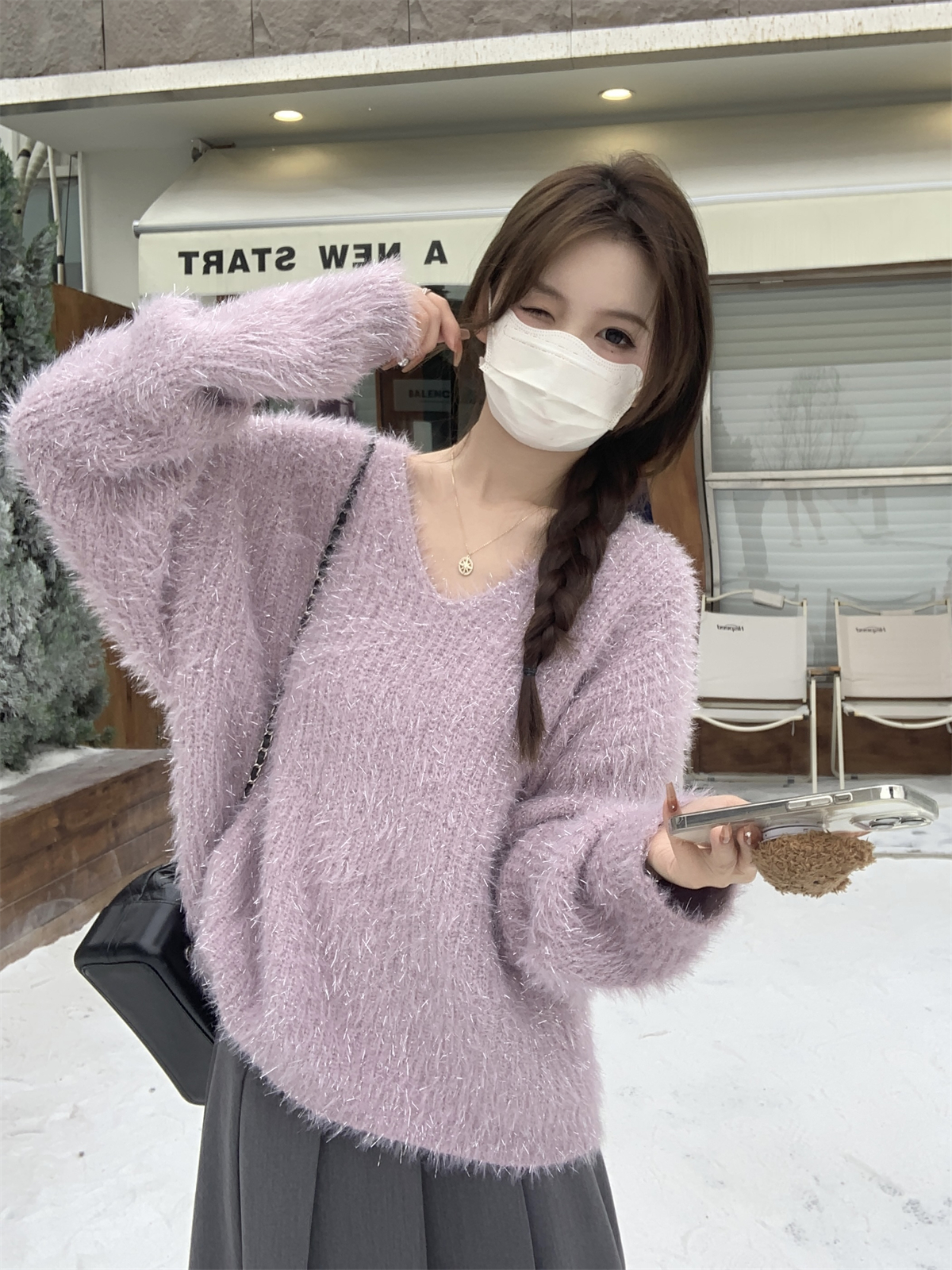 實拍 秋冬韓版寬鬆v領甜美亮絲仿水貂毛內搭加厚針織毛衣女