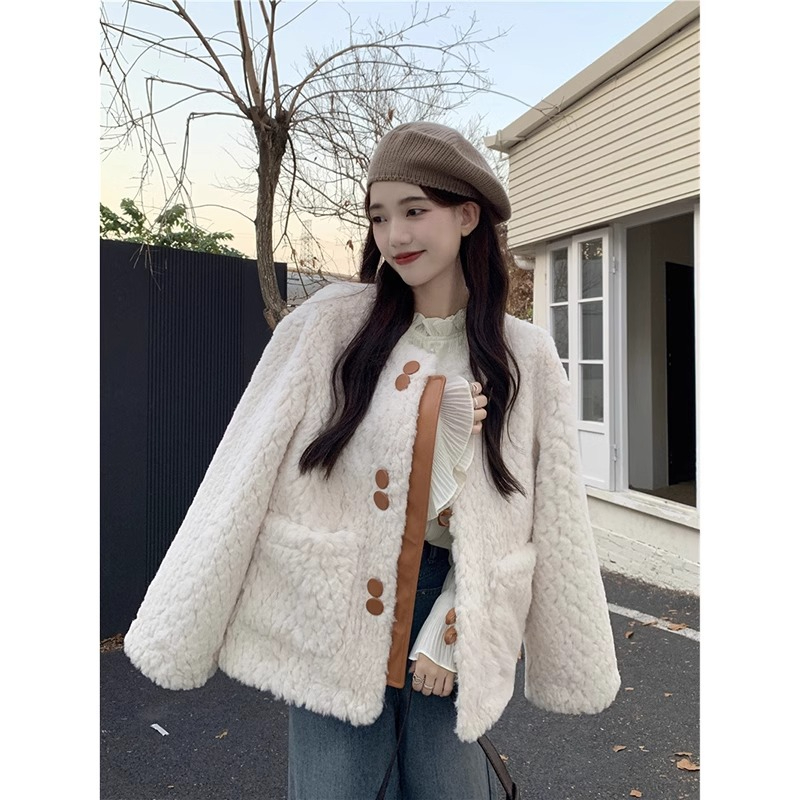 韓系溫柔毛毛外套女冬季2023新款加厚高級設計感寬鬆長袖棉衣棉服