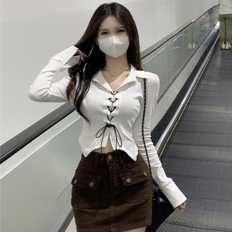 polo領長袖短款t恤女春秋辣妹綁帶顯瘦內搭打底衫上衣