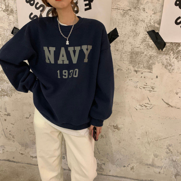 2023新款加絨加厚印花衛衣女圓領簡約高級感上衣