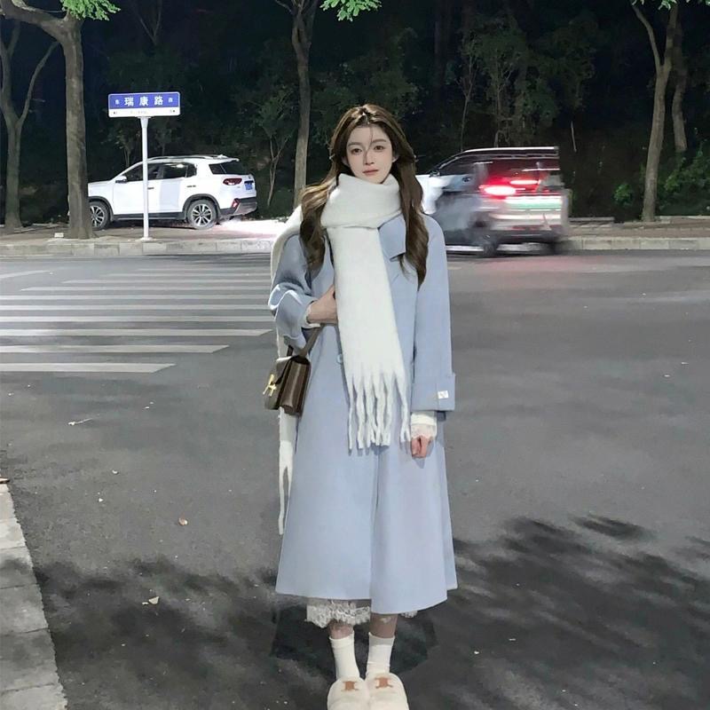 2024秋冬韓版新款毛呢外套氣質加厚長款赫本風藍色呢子大衣女