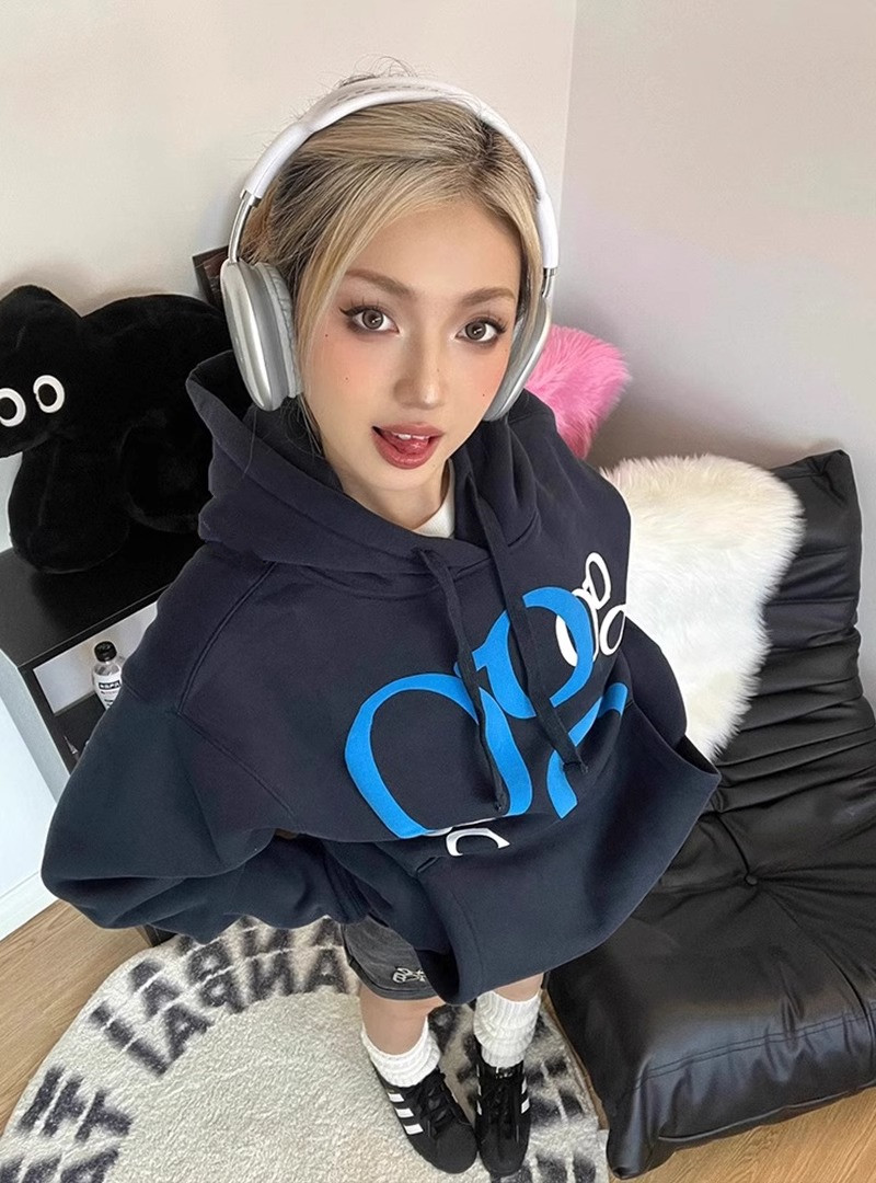 CVC棉麵食毛華棉複合/牛奶絲300克銀狐絨400克前 印花連帽衛衣女