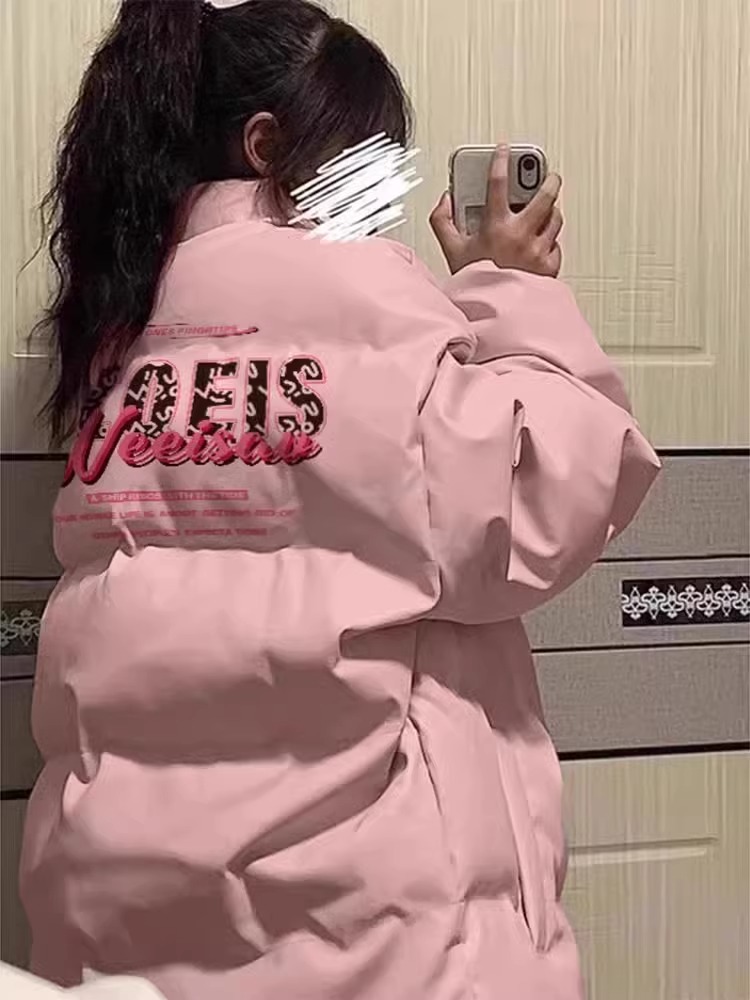 高品質手塞棉加厚冬季新款棉服寬鬆印花棉衣麵包服女