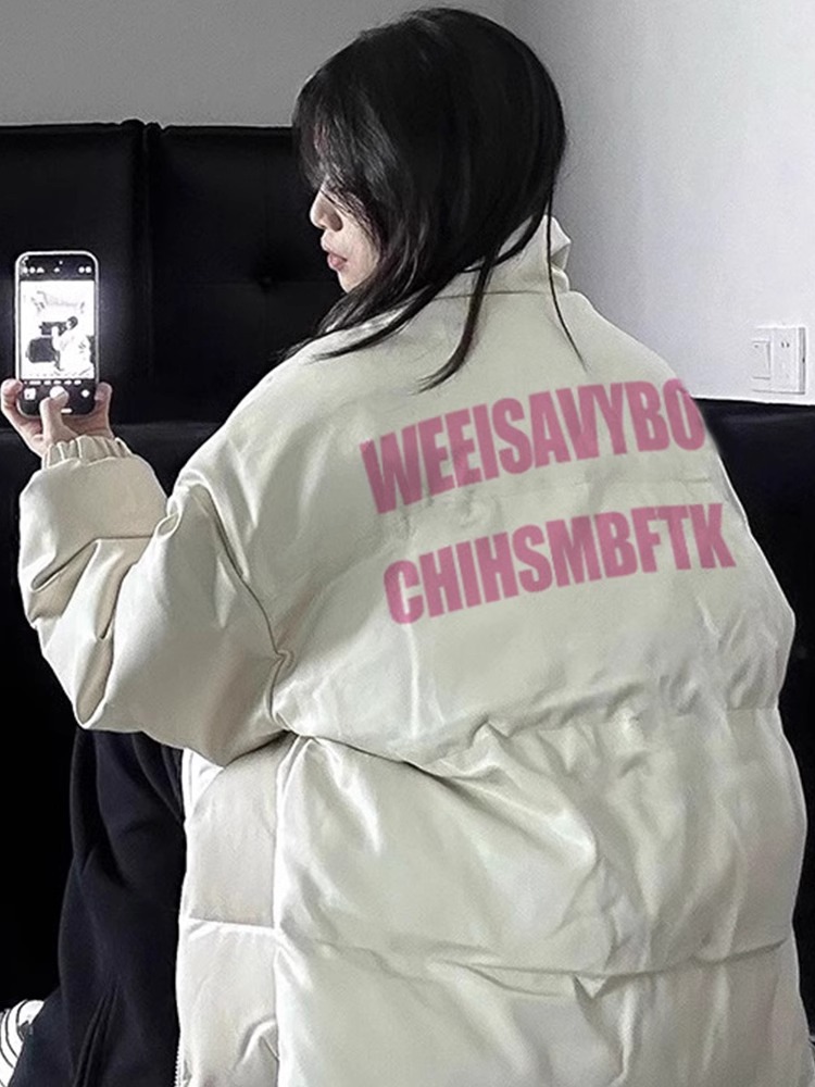 手塞棉棉服冬季新款寬鬆加厚棉衣麵包服印花外套女