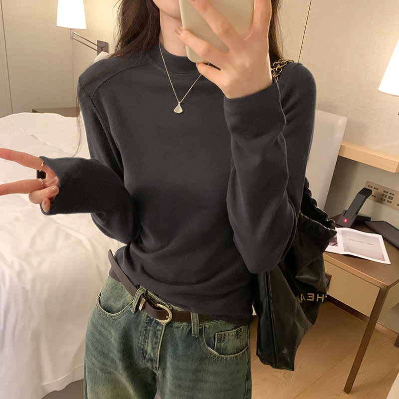 實拍圖正肩羊絨加絨半高領拼接打底衫女秋冬2023新款長袖T恤上衣