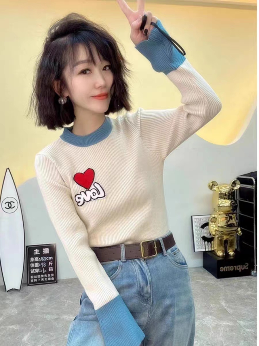 歐貨高級感時尚洋氣愛心半高領套頭撞色長袖坑條紋針織衫上衣毛衣