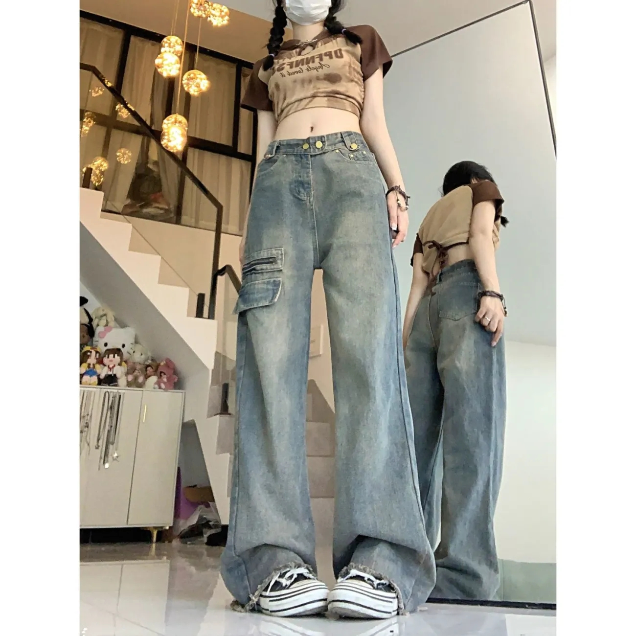 牛仔褲女網紅寬鬆港風做舊毛邊直筒闊腿長褲小眾水洗潮牌拖地褲子
