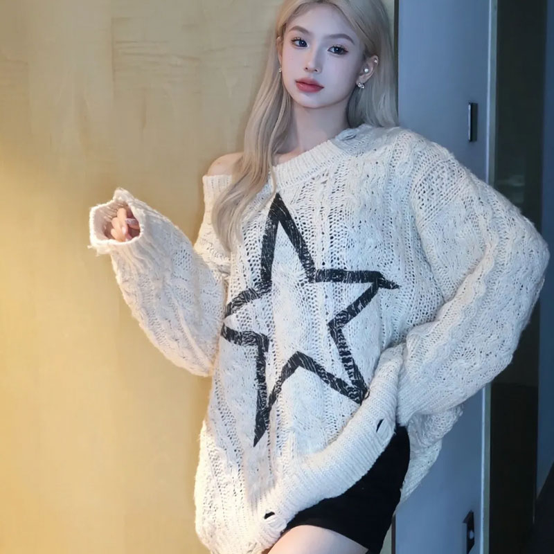 秋冬新款設計感oversized寬鬆做舊K星五角星印花logo扭花毛衣女