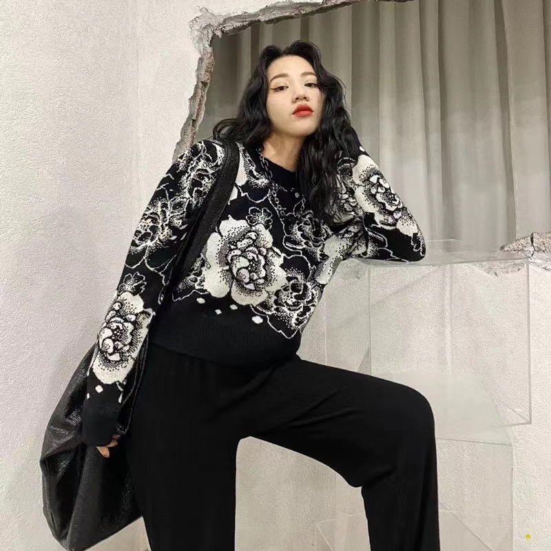 泡泡袖毛衣女秋冬新款韓版寬鬆花朵套頭復古針織衫女上衣