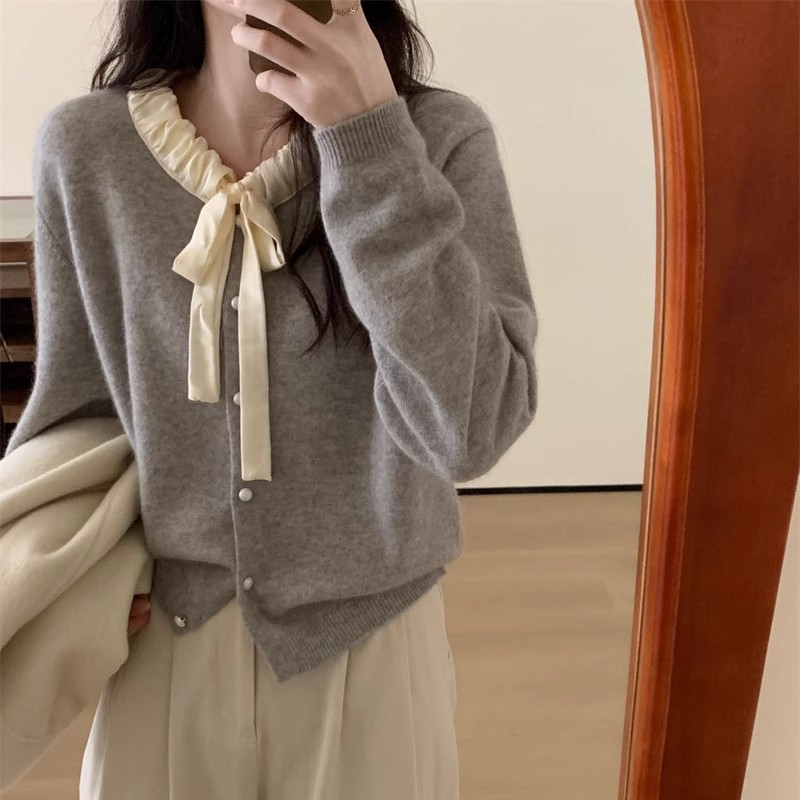 蝴蝶結甜美毛衣打底衫女2023年秋季新款溫柔少女感簡褶皺針織衫潮