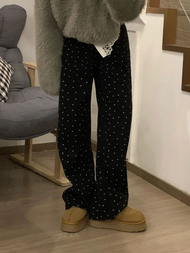 1416# Pure Cotton Cotton Composite Floral Black Straight Leg Casual Pants Women Autumn Winter Thicken Full Leg Pants