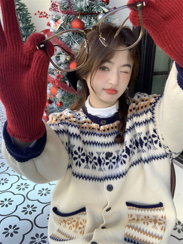 甜美曲調~聖誕氛圍感撞色提花毛衣秋冬韓版加厚寬鬆針織衫