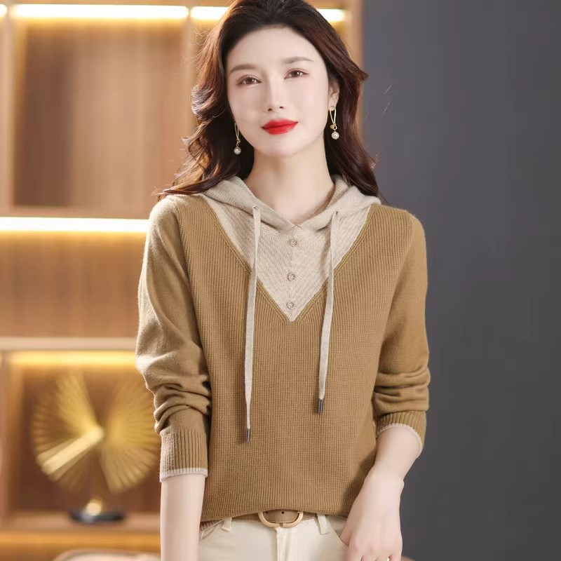 羊毛衫女春秋季連帽衛衣休閒拼色打底毛衣羊絨針織衫春秋寬鬆外套