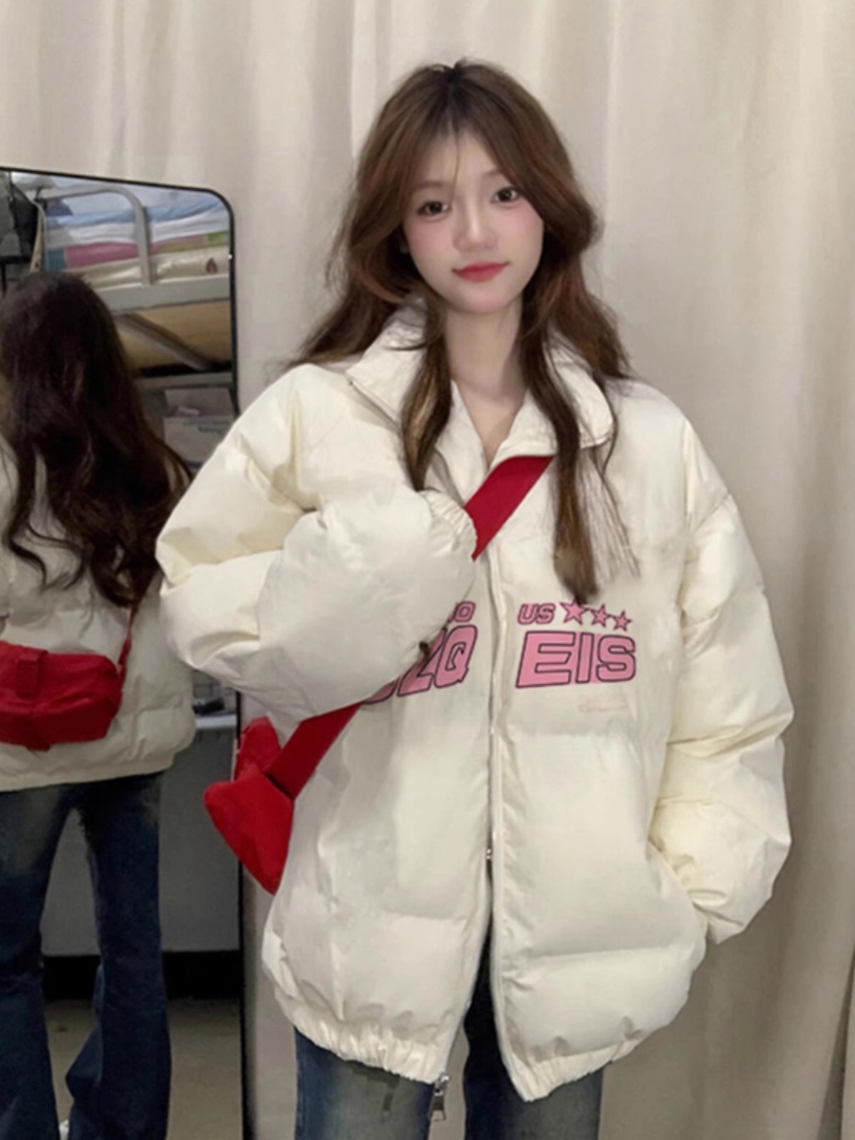 手塞棉棉服冬季新款寬鬆加厚棉衣麵包服印花外套女