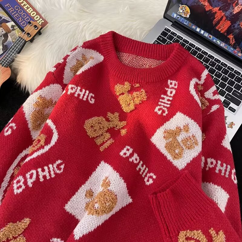 2024新款紅色龍年毛衣過年衣服本命年戰袍上衣男女裝2023秋冬時尚