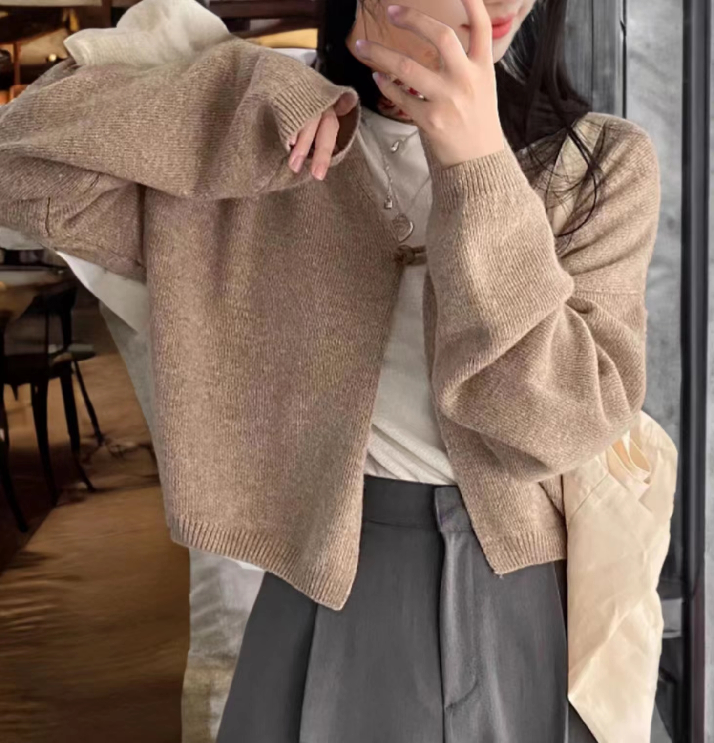 韓國chic純色一粒扣寬鬆慵懶厚針織開衫秋冬百搭毛衣女