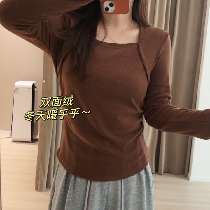 大碼女裝設計感方領正肩德絨長袖t恤秋冬新款遮肉顯瘦打底衫上衣