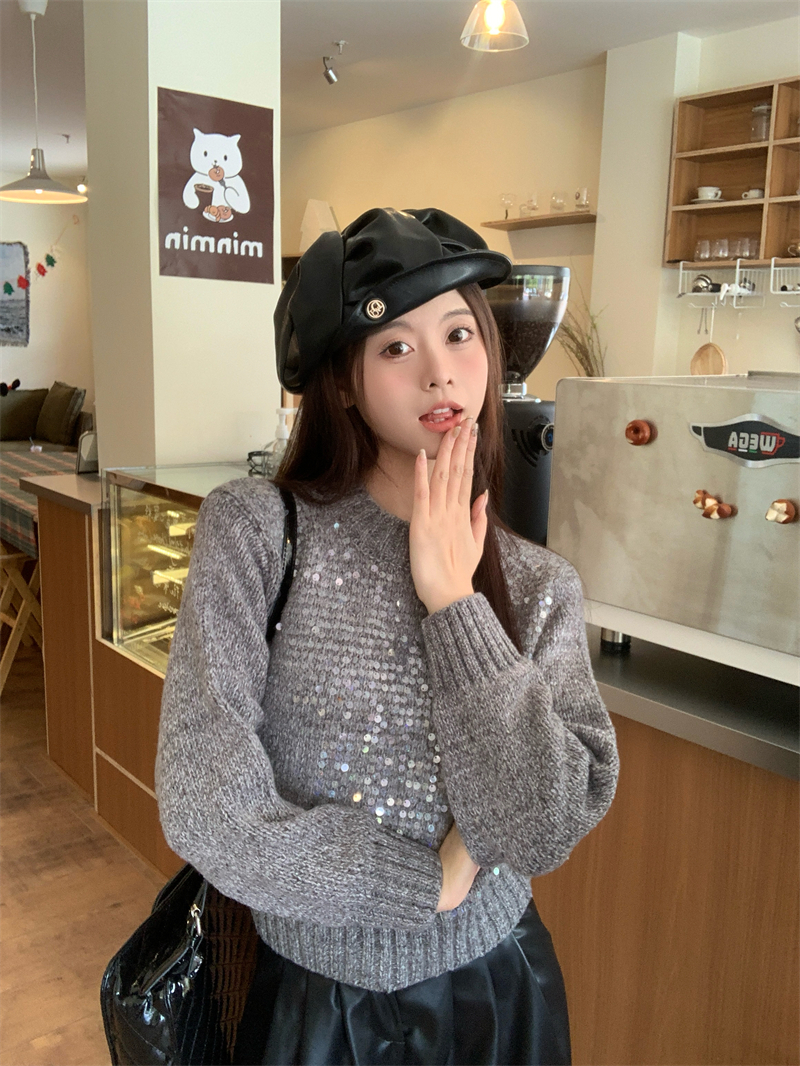 實拍 圓領寬鬆亮片裝飾毛衣女慵懶風厚款百搭長袖針織上衣