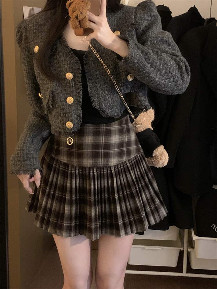 實拍 秋季新款高腰顯瘦復古格子半身裙百褶短裙女