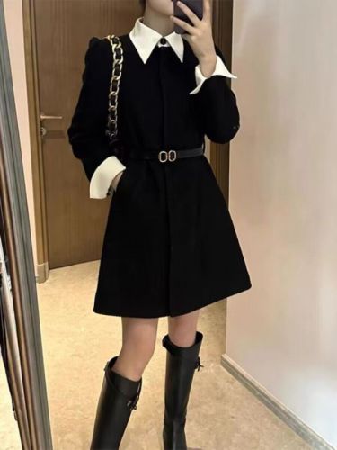 High-end small fragrant black fake two-piece dress women's autumn and winter skirt  winter new temperament little black dress