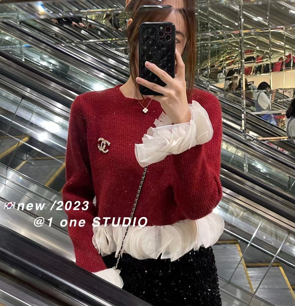 法式小香風仙女網紗花瓣拼接紅色新年毛衣秋冬復古細閃圓領針織衫
