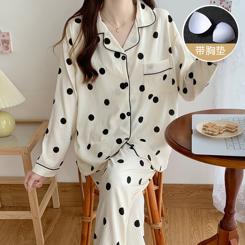 2024春秋韓版睡衣女新款開天絲爽棉衫翻領帶胸墊可外出家居服套裝