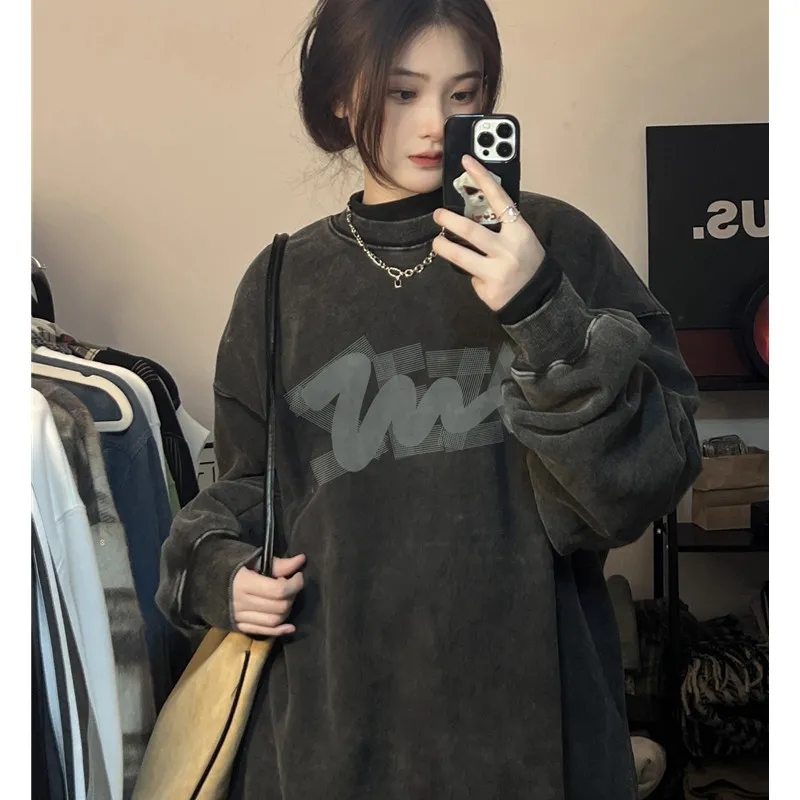 純棉華棉複合牛奶絲320克銀狐絨420克水洗做舊復古圓領衛衣女