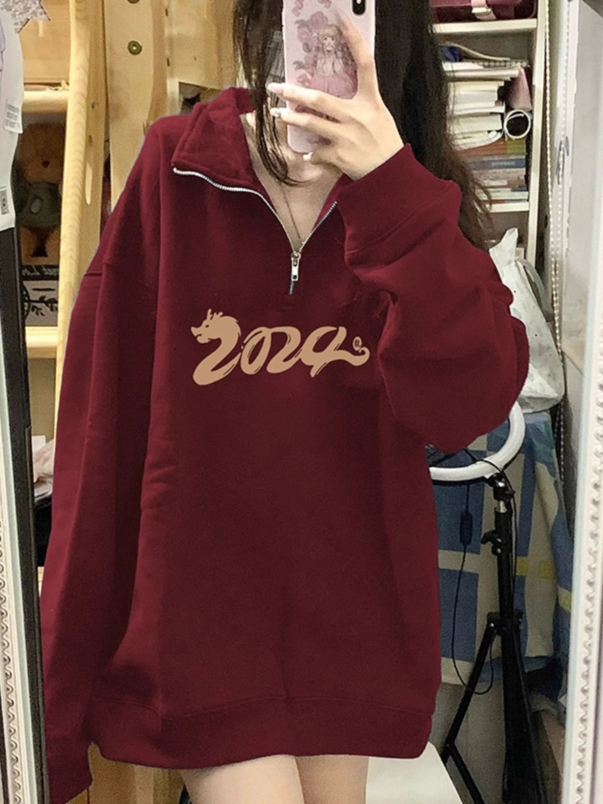 CVC cotton pasta wool Chinese cotton composite/milk silk 300g/silver fox velvet 400g front printed lapel sweatshirt for women