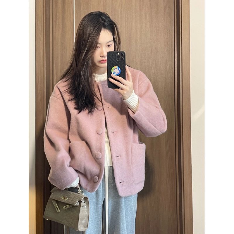粉色短款呢子大衣女2023秋冬季新款毛呢外套高級感小個子今年流行