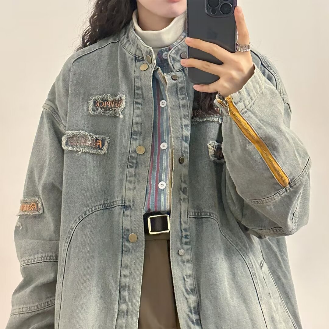 美式復古機車貼布繡水洗牛仔外套女2023春秋新款寬鬆做舊立領夾克
